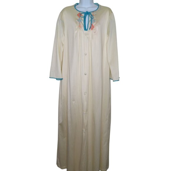 Vintage 70s Peignoir Set Full Length Nylon Nightgown Robe L Embroidery Blue Trim - Picture 14 of 16